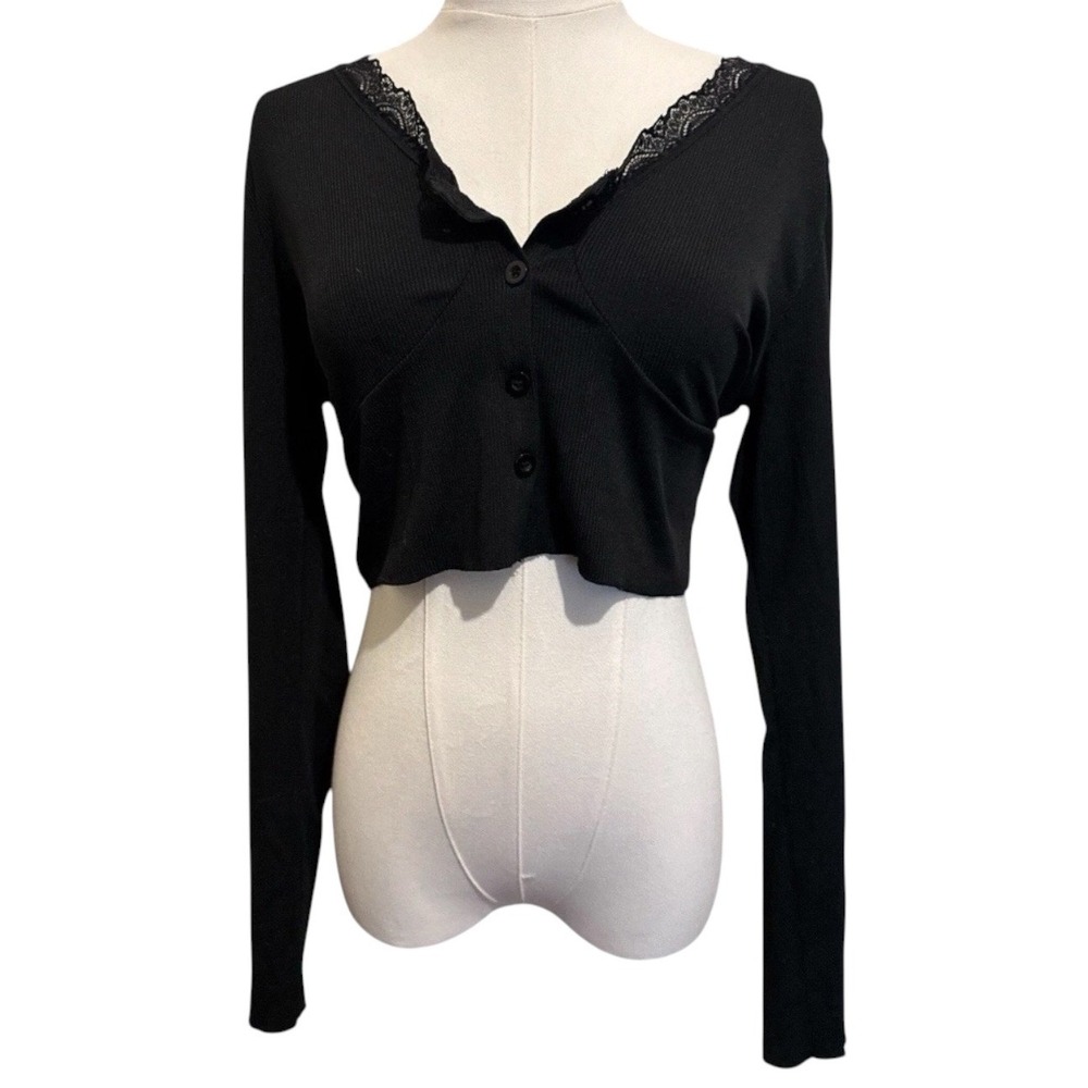 Cropped Women's Large Black Button Up Lace Trim Ribbed Top Whimsigoth Grunge 90s